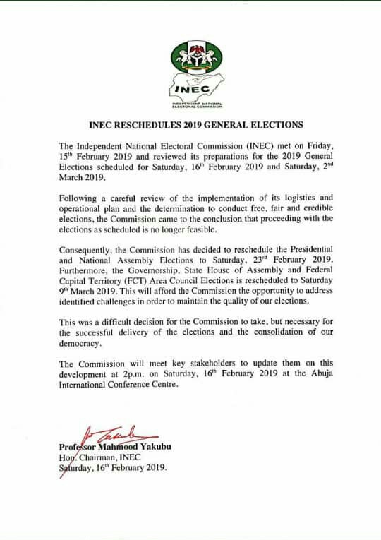 INEC Finally Postpones Nigeria’s General Election To February 23rd 2